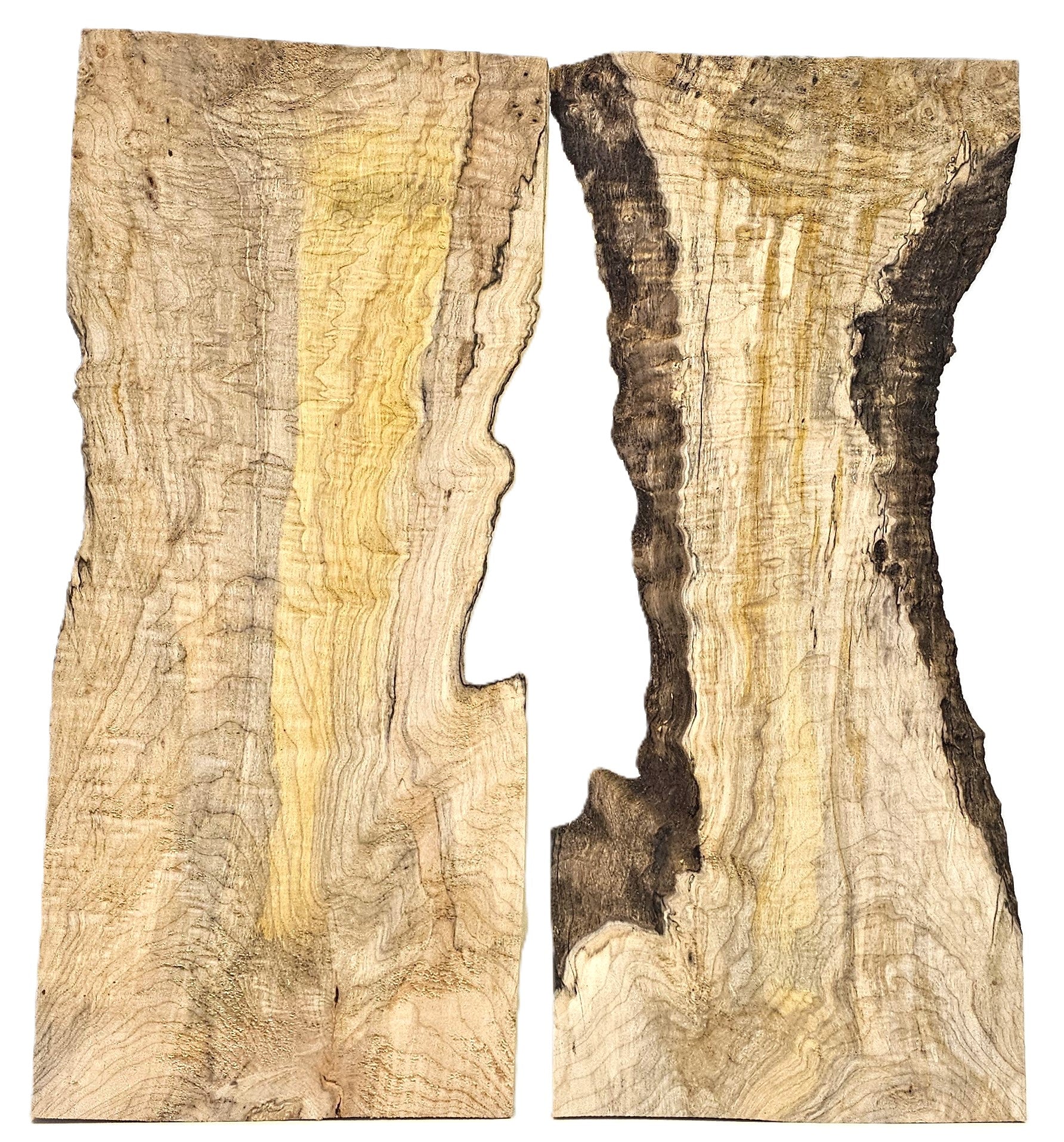 Gorgeous curly maple 2-piece set with deep color variations, 5A grade figure and live edges.