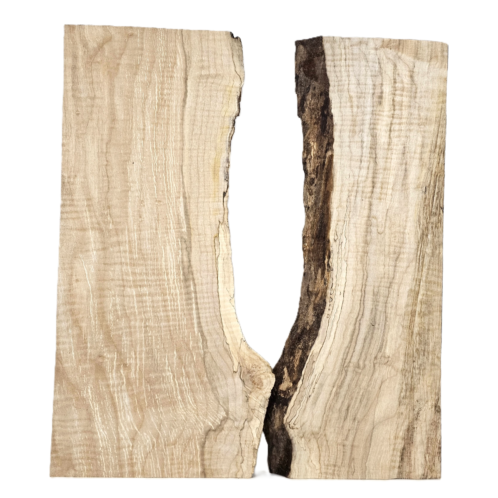 Beautiful flame maple two-piece set with spalting, color streaks, 5A grade curl and live edge.