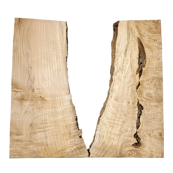 Beautiful curly maple 2-piece set with a striking center bark seam, 3A grade curl throughout, color streak, light spalting and live edge.