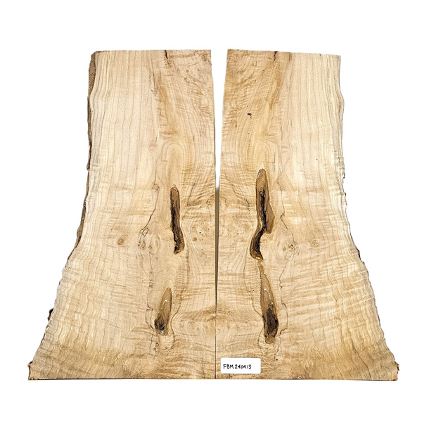 Beautiful curly maple 2-piece set with a striking center bark seam, 3A grade curl throughout, color streak, light spalting and live edge.