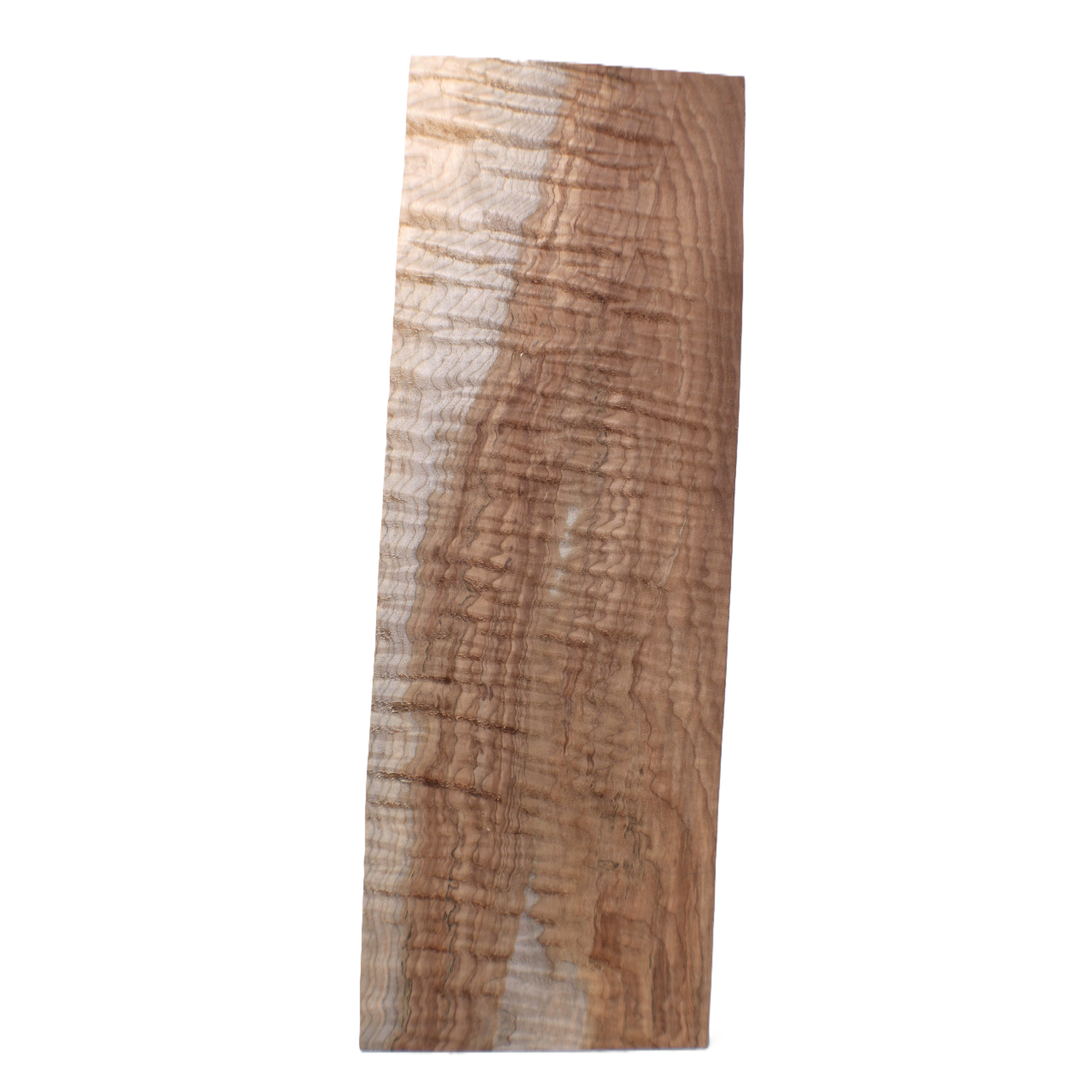 Gorgeous flat-sawn flame maple half billet with 5A grade curl, two-tone color variation, interesting green streaks, and rare chocolate color.