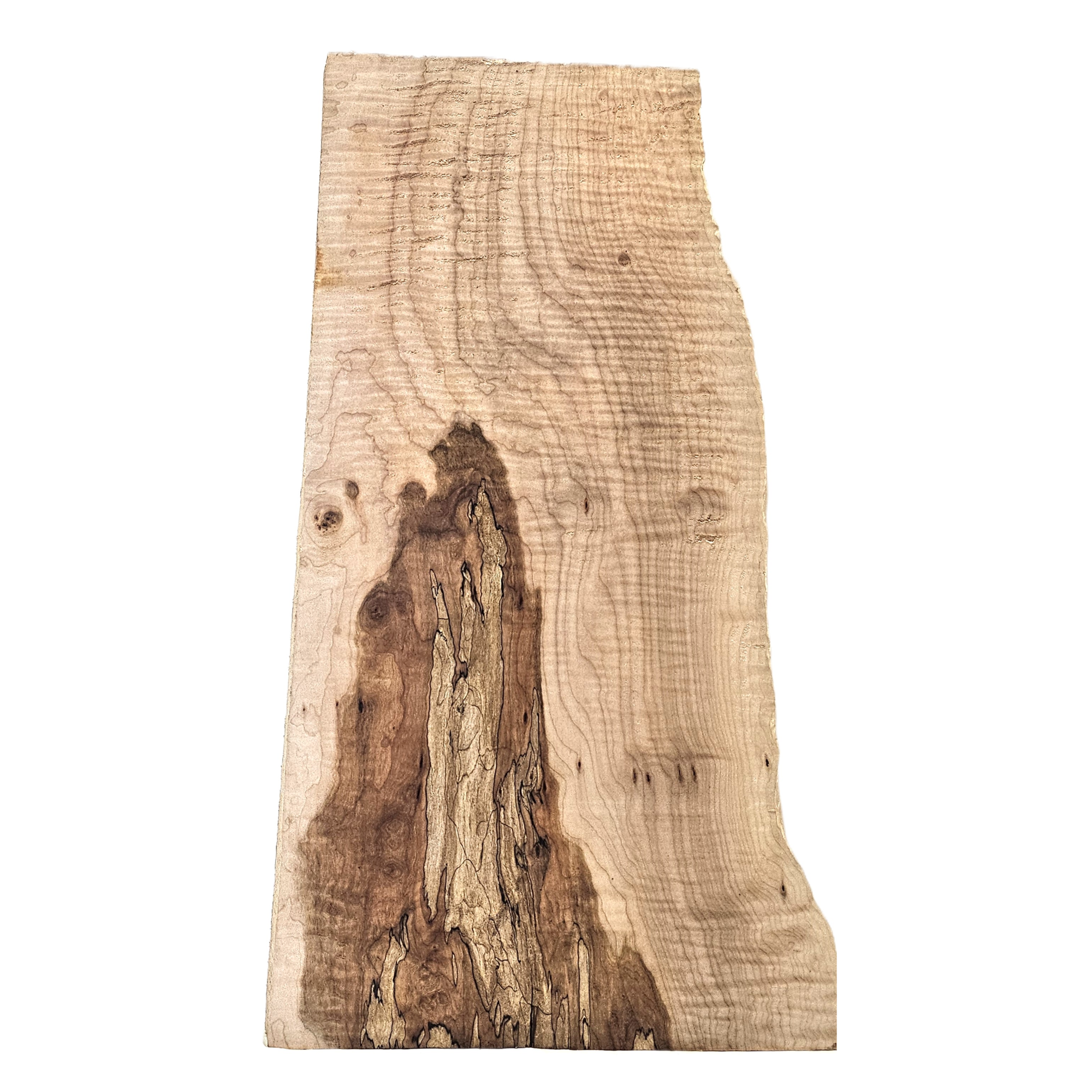 Gorgeous 5A grade flat-sawn flame billet with lots of interesting bird pecks, two-tone coloration and live edge.
