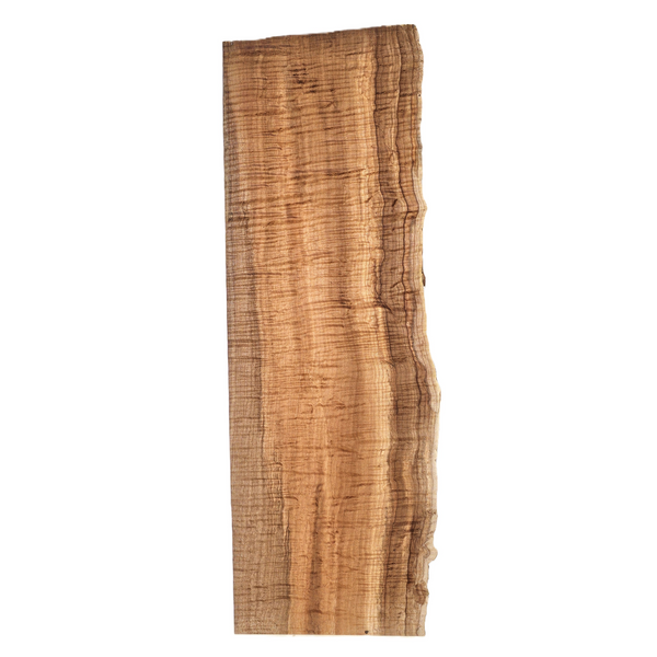 Stunning curly maple billet/charcuterie board blank with deep chocolate/caramel coloring, 5A grade curl throughout the piece and a live edge.