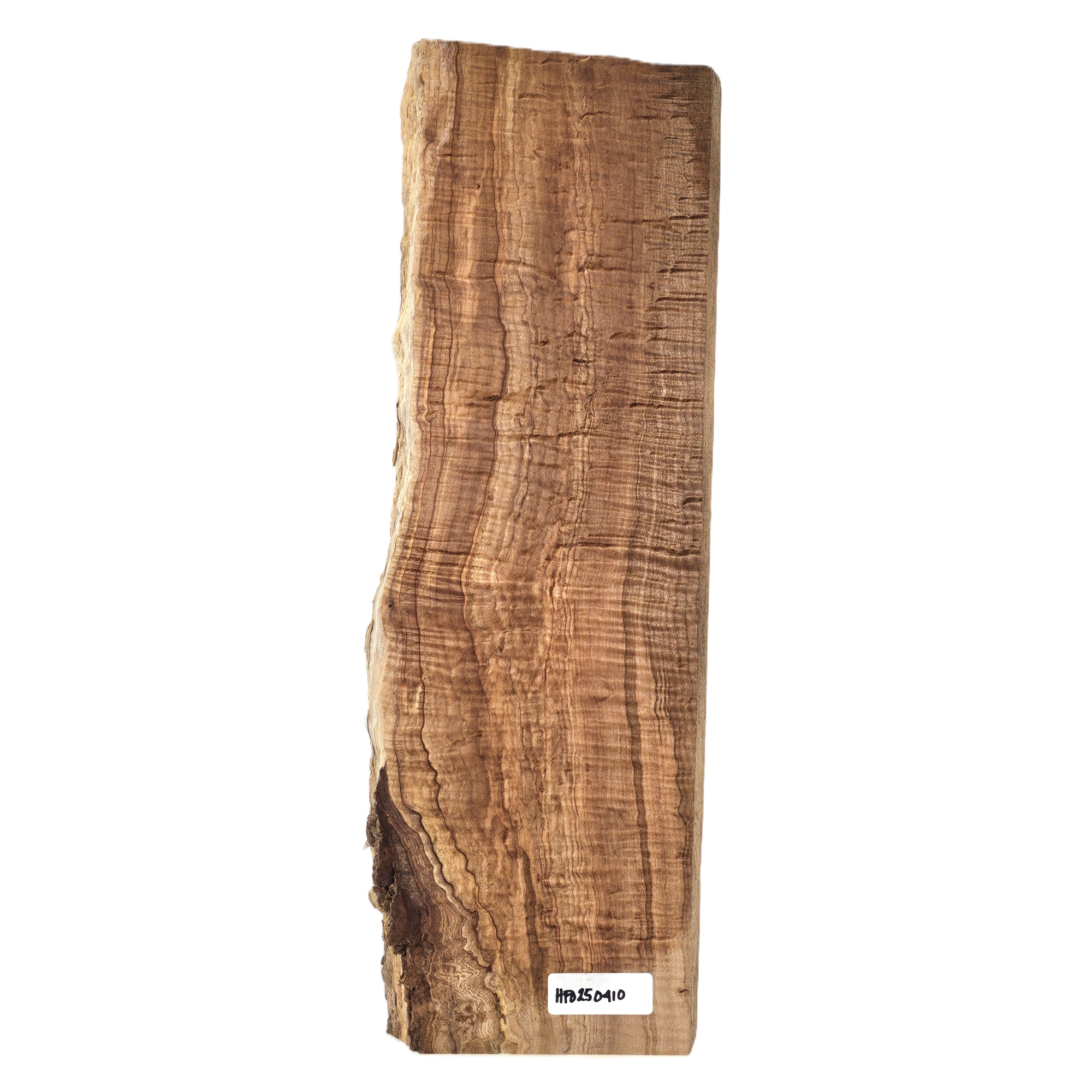Stunning curly maple billet/charcuterie board blank with deep chocolate/caramel coloring, 5A grade curl throughout the piece and a live edge.