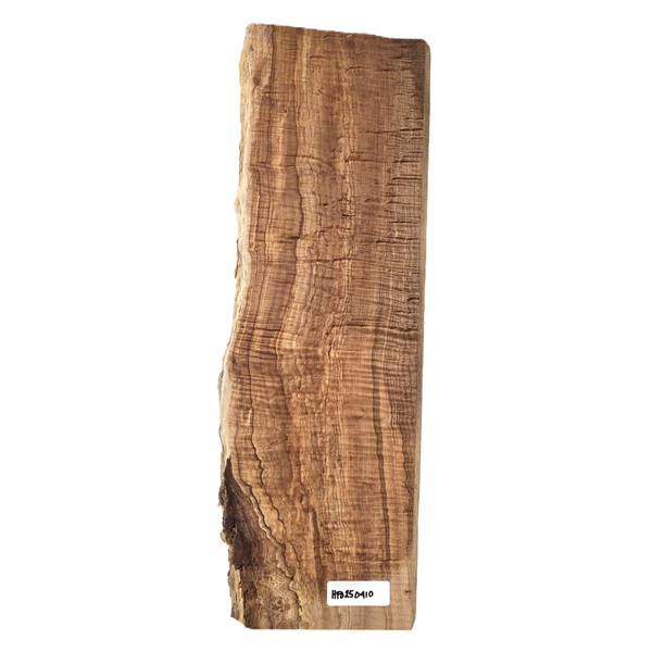 Stunning curly maple billet/charcuterie board blank with deep chocolate/caramel coloring, 5A grade curl throughout the piece and a live edge.