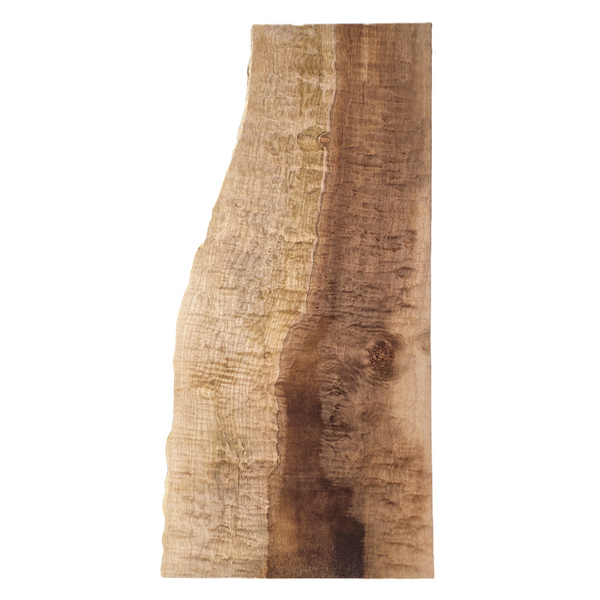 Beautiful flat-sawn curly maple billet/charcuterie board blank with multi-toned coloration, small center burl, 5A grade curl throughout and live edge.