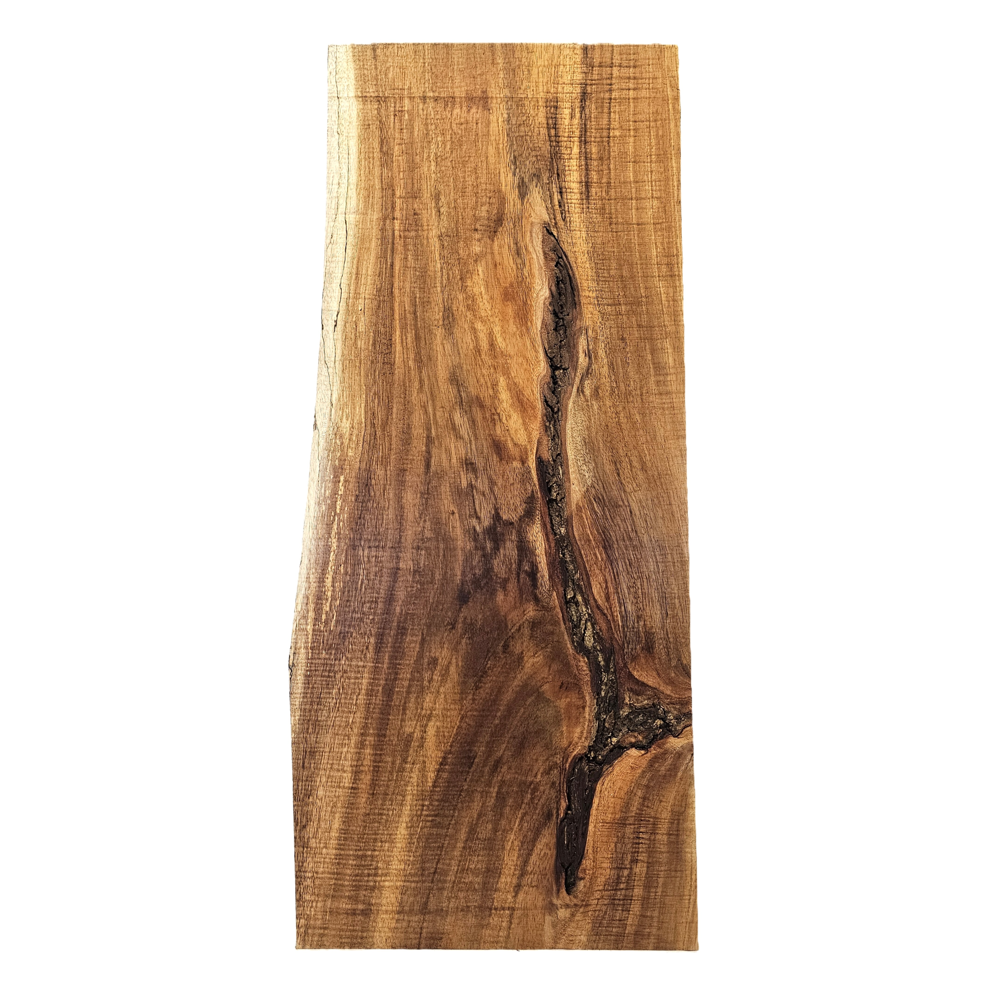 Beautiful koa slab with 5A grade curl throughout, light spalting and an interesting bark seam in the center.