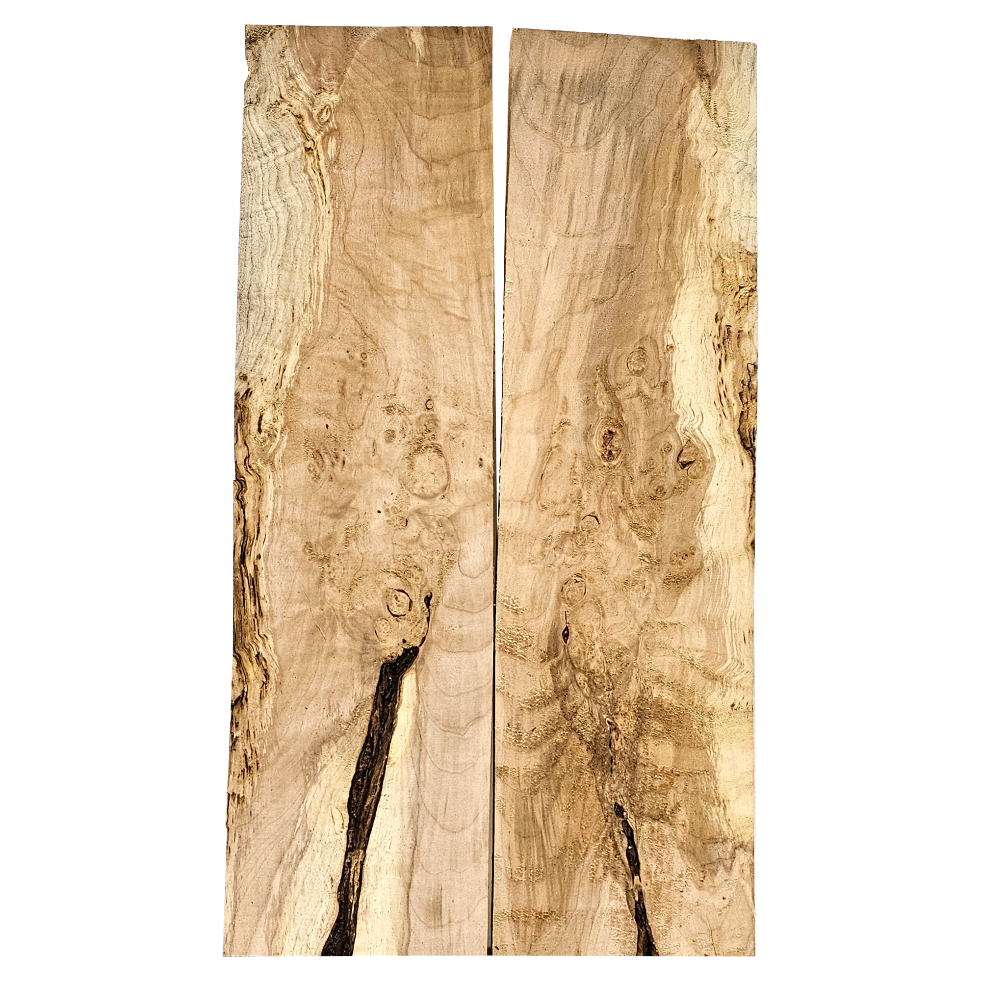 Beautiful 2-piece maple burl book-matched set with interesting bark seam, scattered eye spots, light curl, and wonderful color variation.