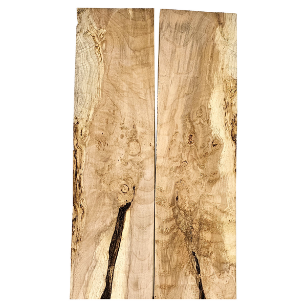 Beautiful 2-piece maple burl book-matched set with interesting bark seam, scattered eye spots, light curl, and wonderful color variation.