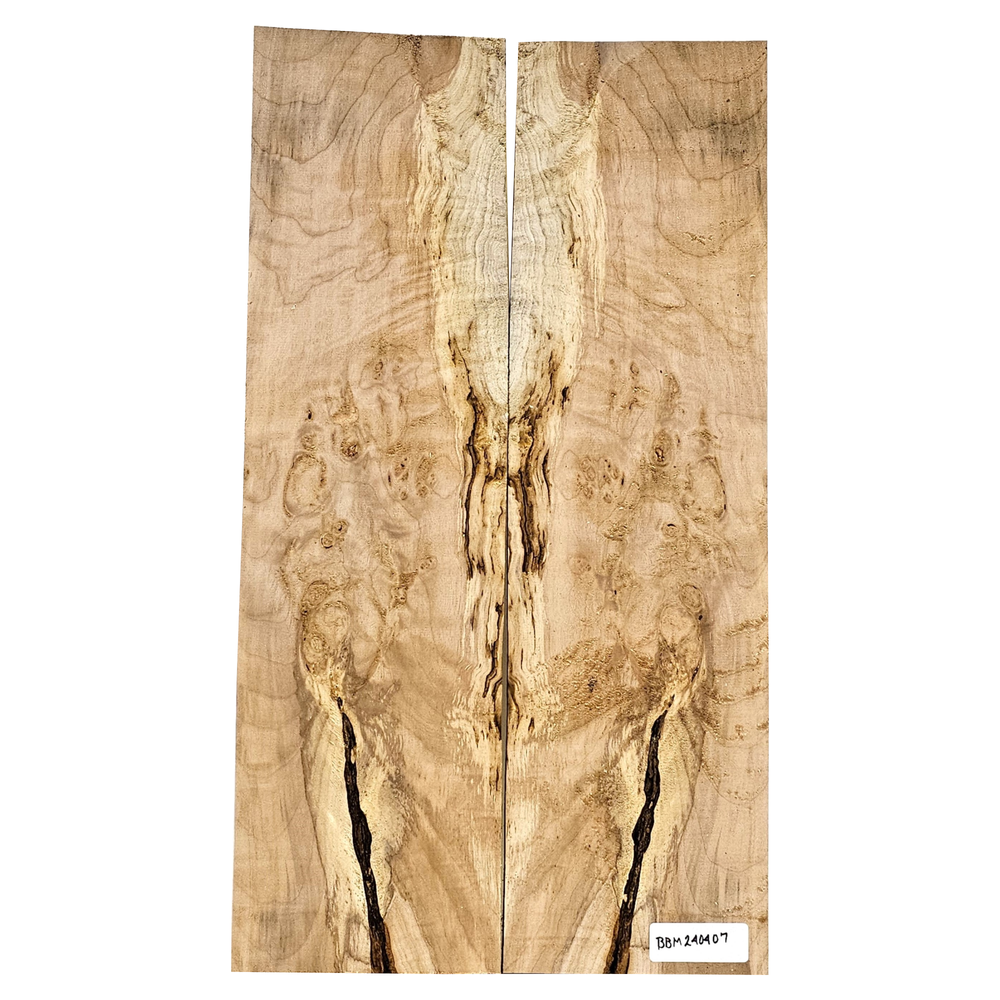 Beautiful 2-piece maple burl book-matched set with interesting bark seam, scattered eye spots, light curl, and wonderful color variation.