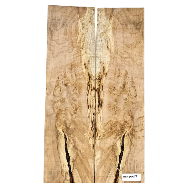Beautiful 2-piece maple burl book-matched set with interesting bark seam, scattered eye spots, light curl, and wonderful color variation.