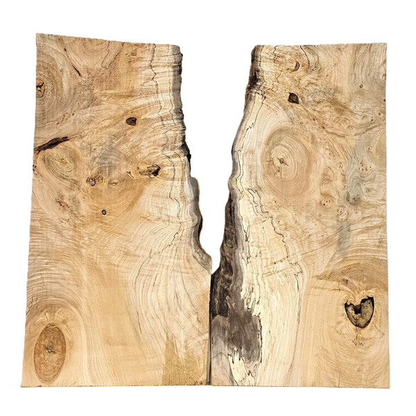 Wonderful maple burl book-matched set with interesting bark seams, light curl, large knots, voids, color variations and live edges.