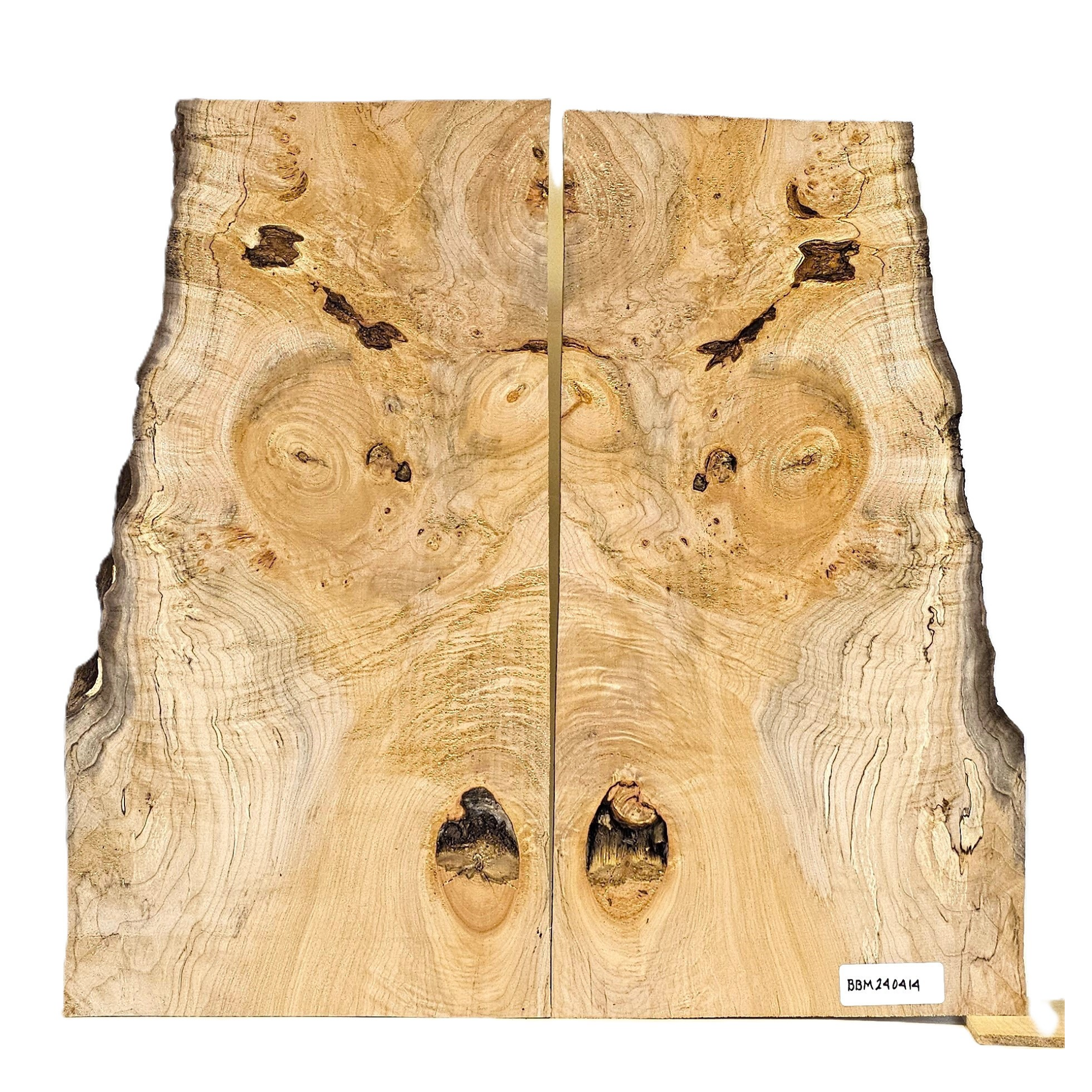 Wonderful maple burl book-matched set with interesting bark seams, light curl, large knots, voids, color variations and live edges.