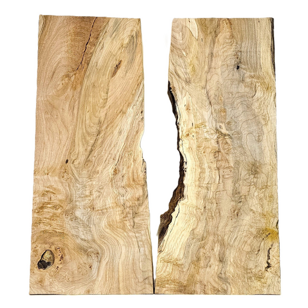 Beautiful 2-piece maple burl set with an interesting knot, wonderful color variation, multiple scattered burls, light quilting, and partial live edge.