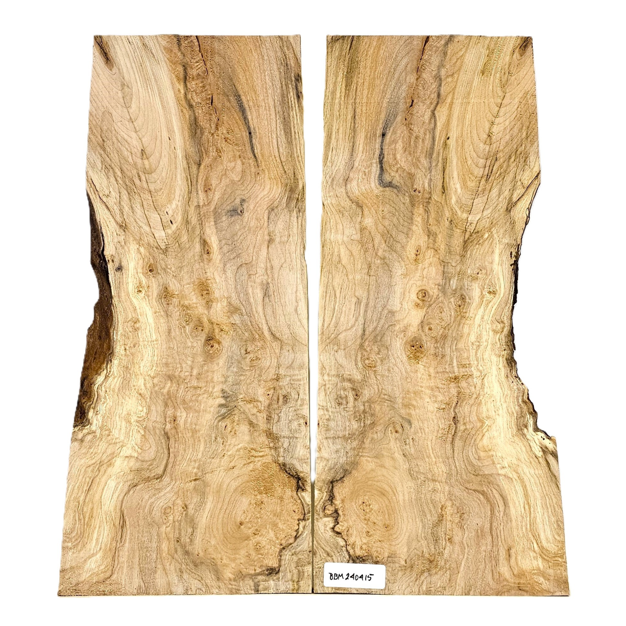 Beautiful 2-piece maple burl set with an interesting knot, wonderful color variation, multiple scattered burls, light quilting, and partial live edge.