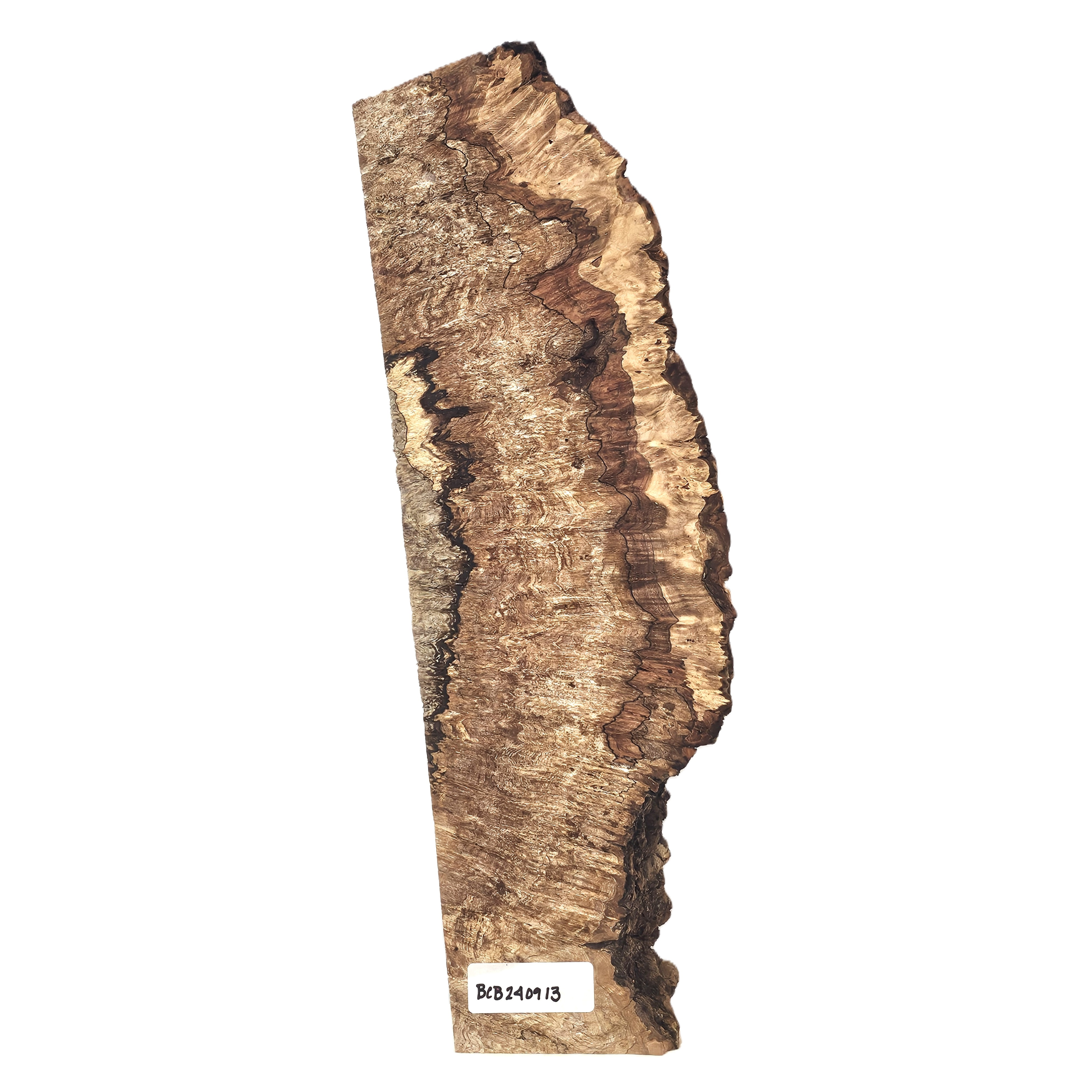 Gorgeous maple burl craft board with intense color variations, end to end waterfall burl, and live edge.