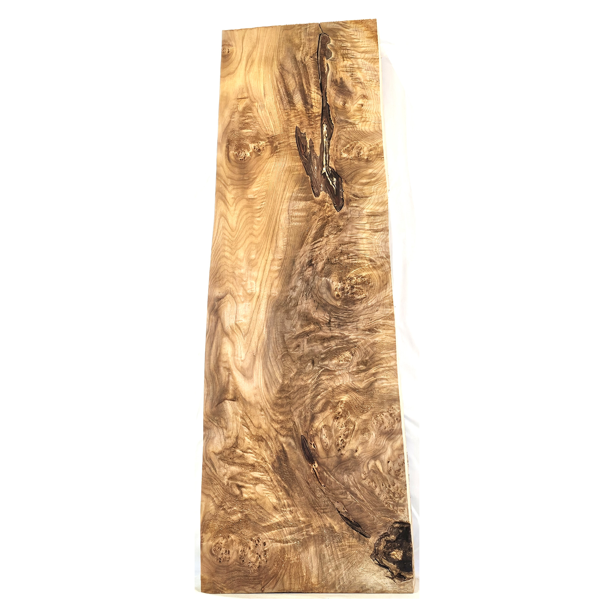 Absolutely beautiful maple burl billet with scattered quilting.  This piece has wonderful gold color, deep chatoyance, and and interesting bark seam.