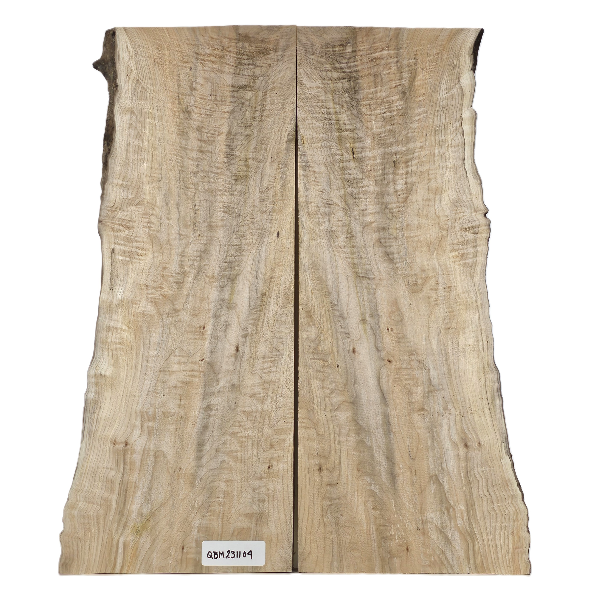 Beautiful quilted maple book-matched set with amazing color streaks, wide bands and scattered angel step.  Multiple bird pecks scattered throughout and live edge.