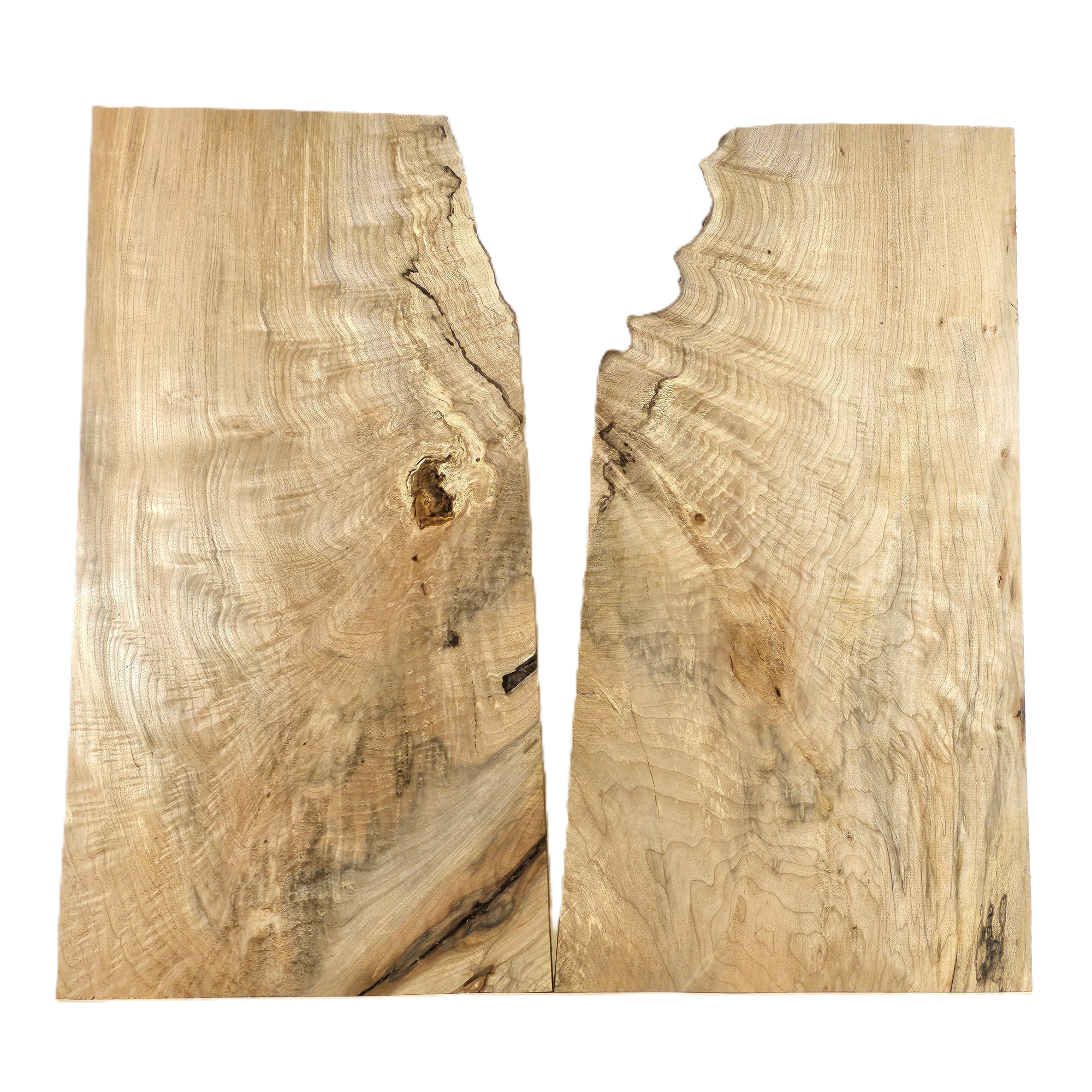 Interesting two-piece maple set with light quilting throughout, color streaks, and small voids.