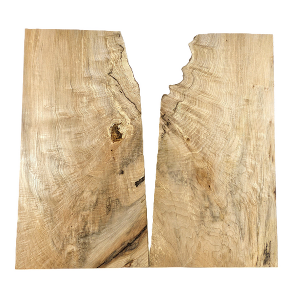 Interesting two-piece maple set with light quilting throughout, color streaks, and small voids.