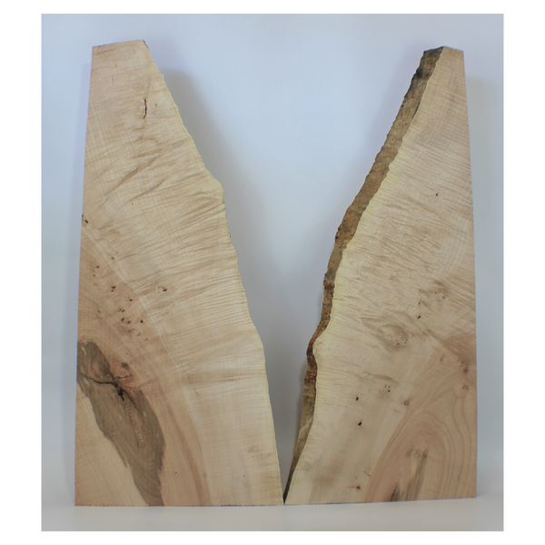 Dimensions: Thickness (each piece): 1.25", Max width: 12", Length: 31.5"  Beautiful 2-piece flame maple set with 5A grade curl, two-tone color, large knot, scattered bird pecks, and live edge.