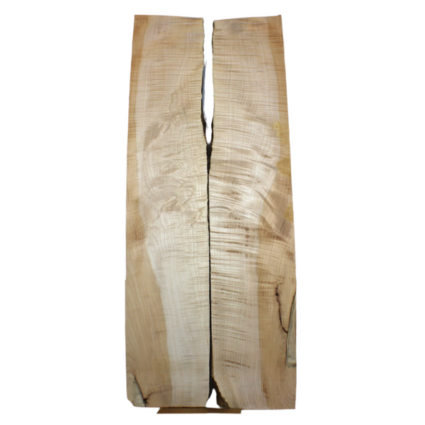 Dimensions each piece: Thickness 1.375", Max width 10", Max length 49.5".  Beautiful 2-piece flame maple set with heart stain, 5A curl and partial live edge.