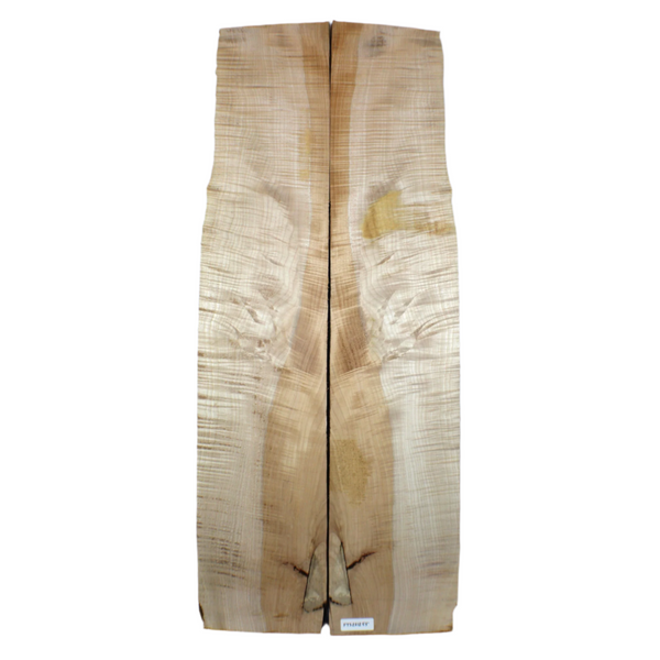 Dimensions each piece: Thickness 1.375", Max width 10", Max length 49.5".  Beautiful 2-piece flame maple set with heart stain, 5A curl and partial live edge.