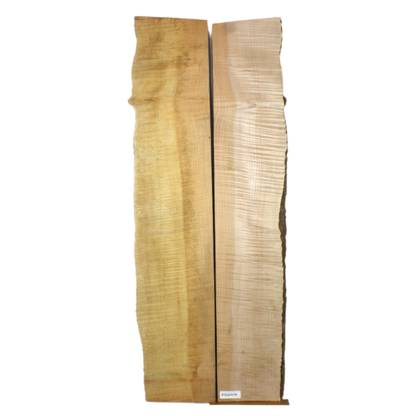 Dimensions each piece: Thickness 1.5", Max width 9", Max length 47.5"  Flame maple table set with light heart color, 5A curl and live edge.