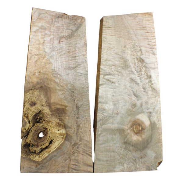 Dimensions each piece: Thickness 1.25", Max width 9.5", Max length 22.5"  Striking 2-piece quilted maple set with 4-5A grade quilting, beautiful color streaks, and large knot hole/void.