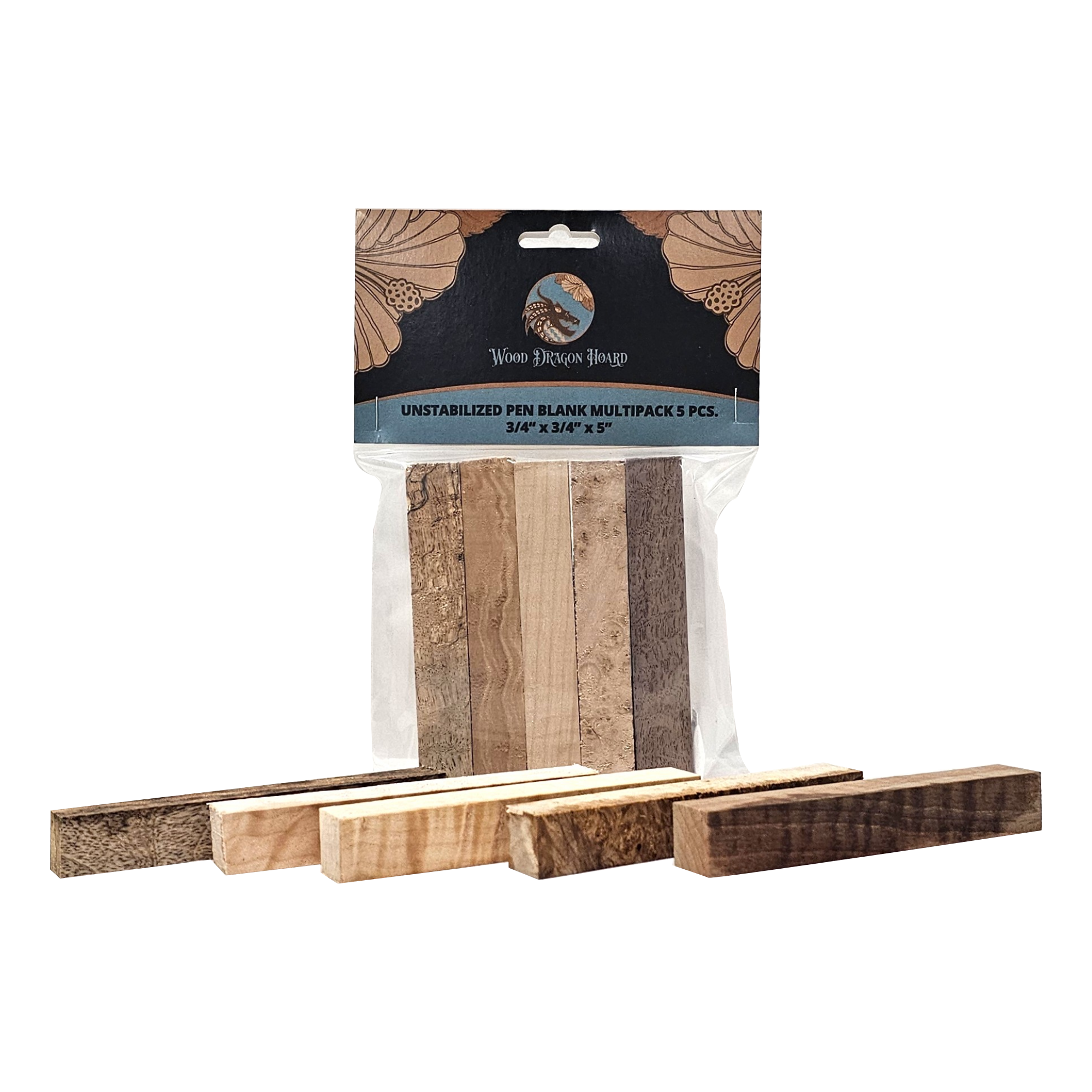 Packaged wood blanks with a visible brand label on a white background