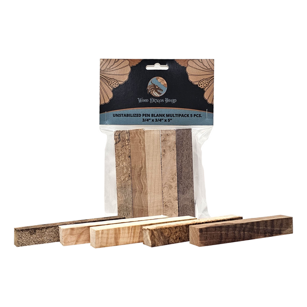 Packaged wood blanks with a visible brand label on a white background