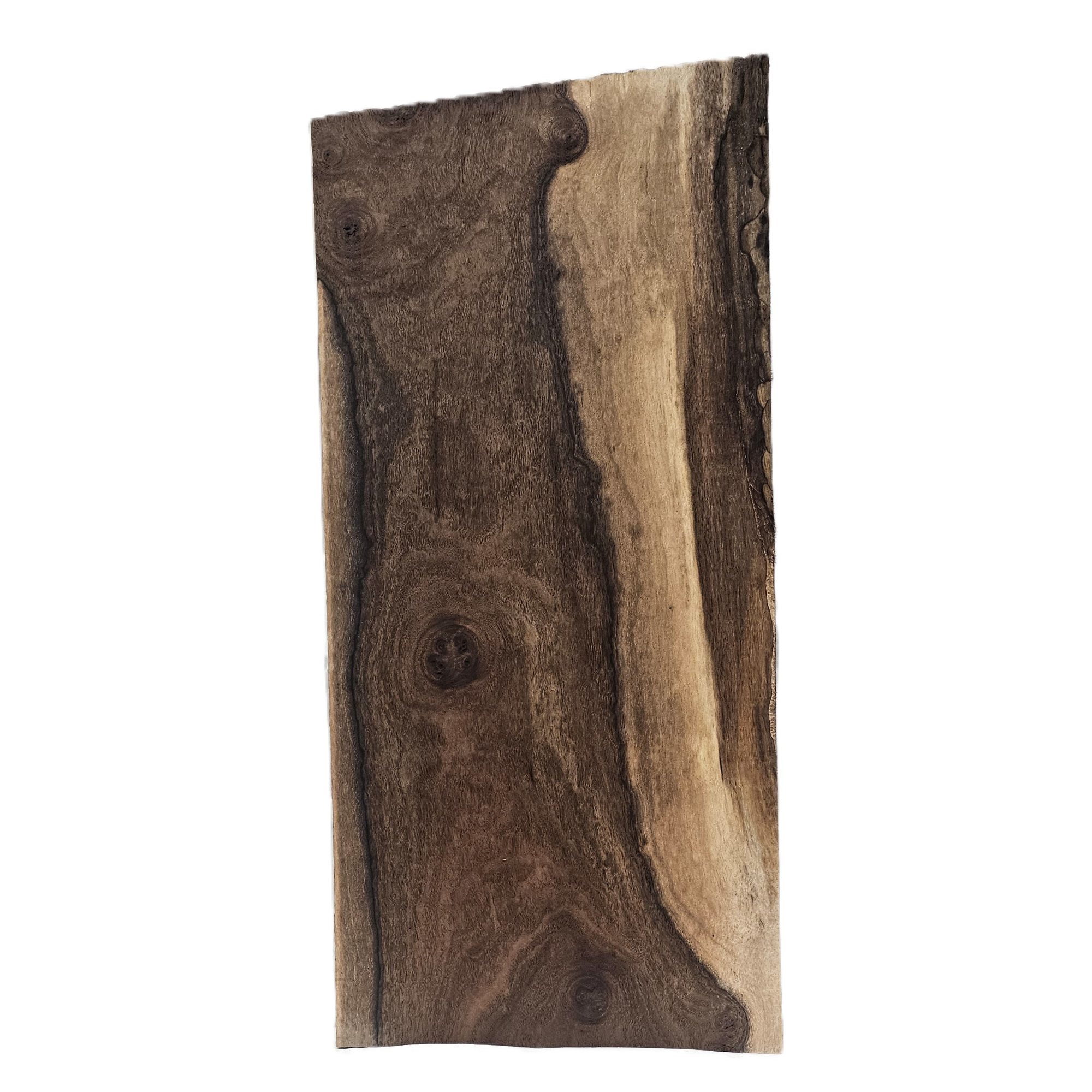 Bastogne walnut craft board with heavy grain, interesting sap line and heavy flat-sawn curl.