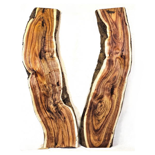 Gorgeous 2-piece curly koa slabs set with deep red coloring, 3A-4A grade curl throughout, Interesting center void on one side, and live edges.