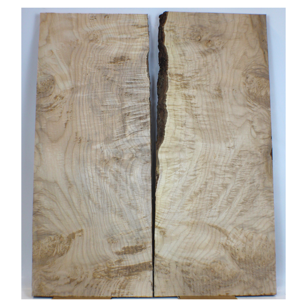Dimensions: Thickness (each piece) 1", width 10.875", length 26".  Beautiful two-piece flame maple, book-matched set with partial live edge, 5A grade figure, and small burls scattered throughout.  One piece of the set is slightly cupped.