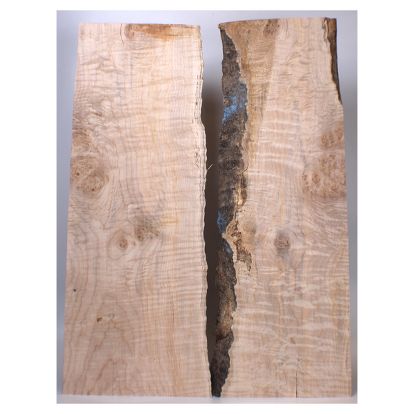 Beautiful 2-piece flat-sawn flame maple set with 5A grade curl, scattered burls, and live edges.