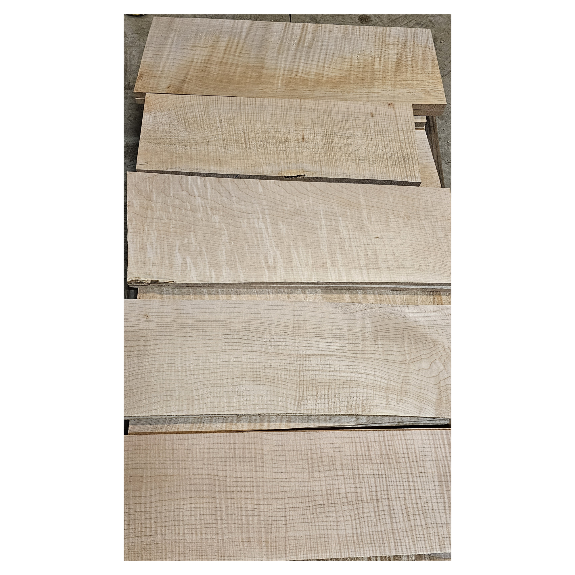 Selection of flame maple craft sets in varying colors and curl grade.