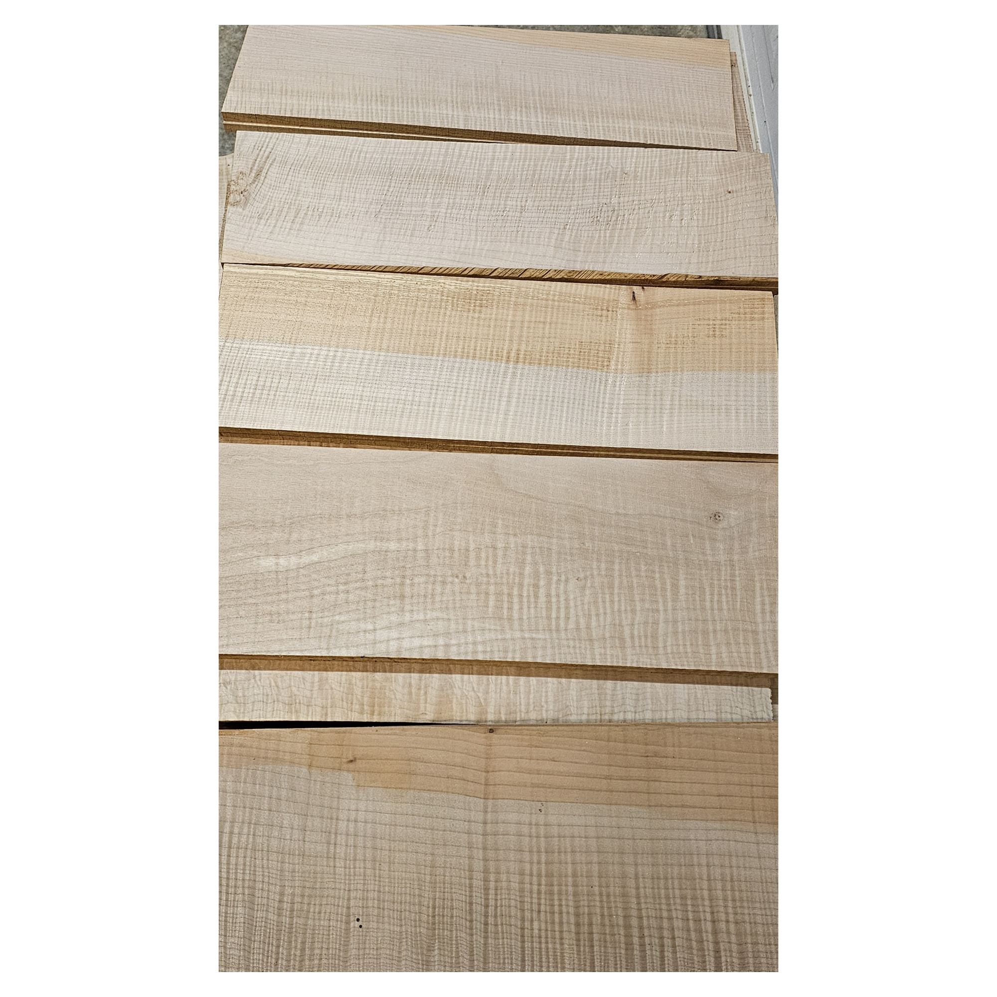 Selection of flame maple craft sets in varying colors and curl grade.