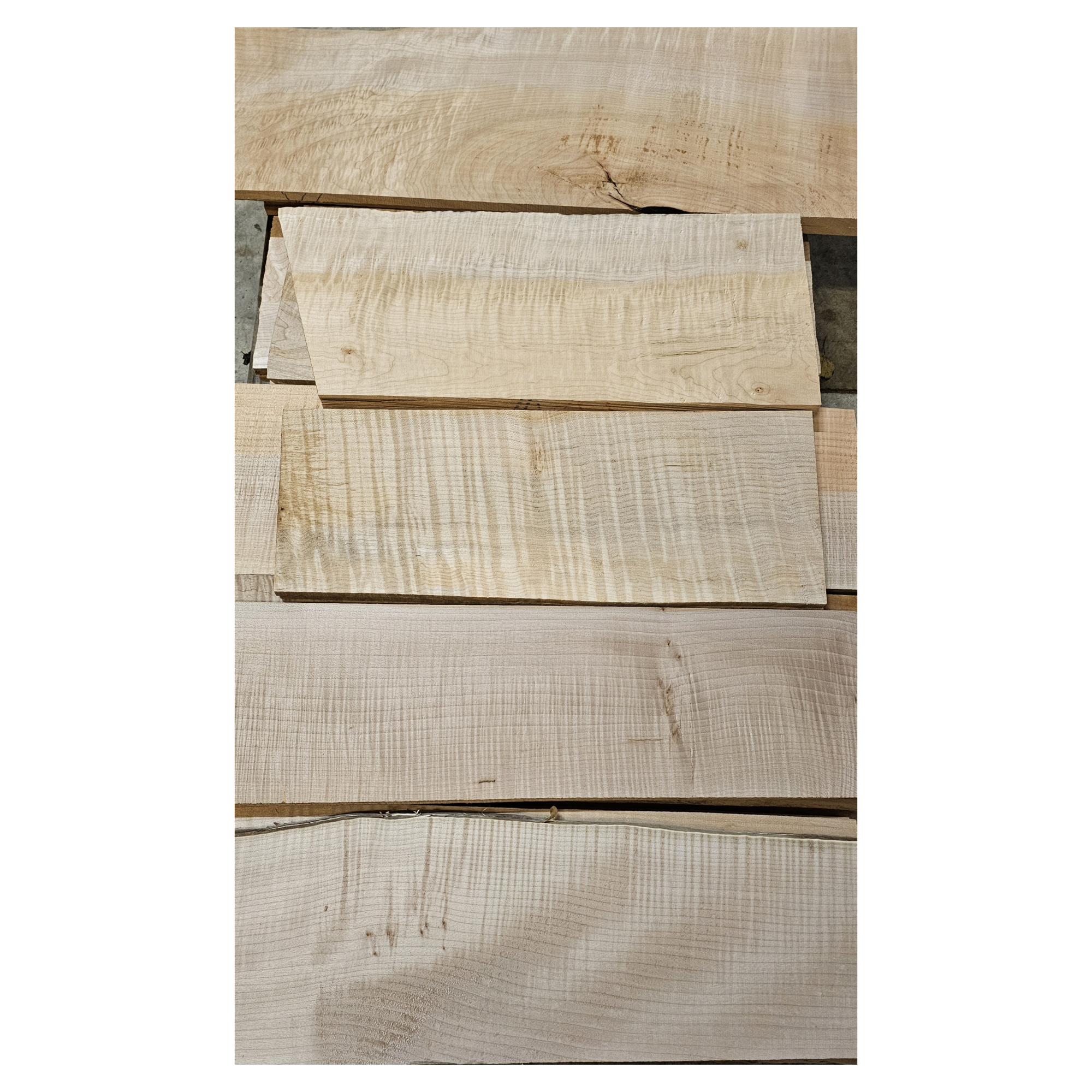 Selection of flame maple craft sets in varying colors and curl grade.