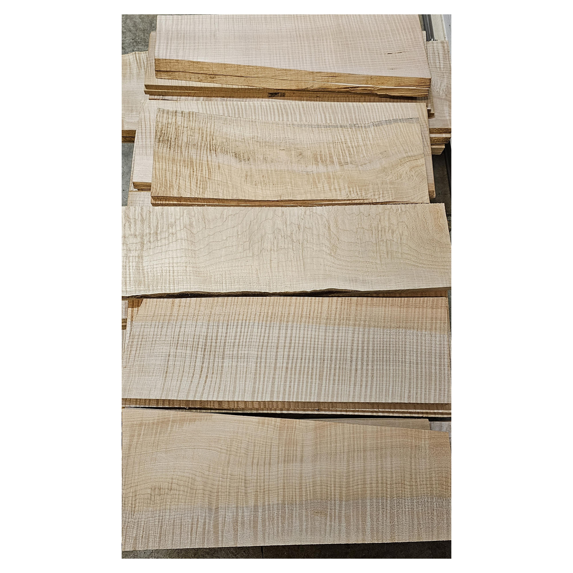 Selection of flame maple craft sets in varying colors and curl grade.
