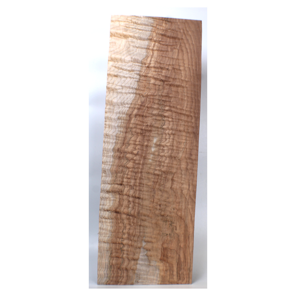Gorgeous flat-sawn flame maple half billet with 5A grade curl, two-tone color variation, interesting green streaks, and rare chocolate color.
