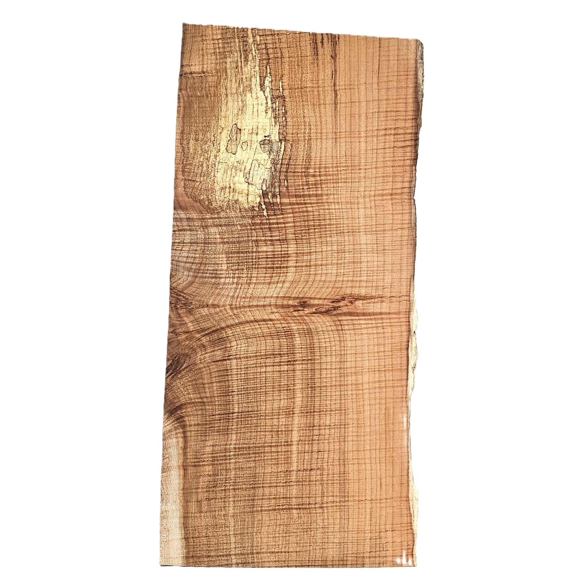 Beautiful curly maple billet/charcuterie board blank with wonderful golden color, 5A grade curl throughout, spalting, interesting void and live edge.