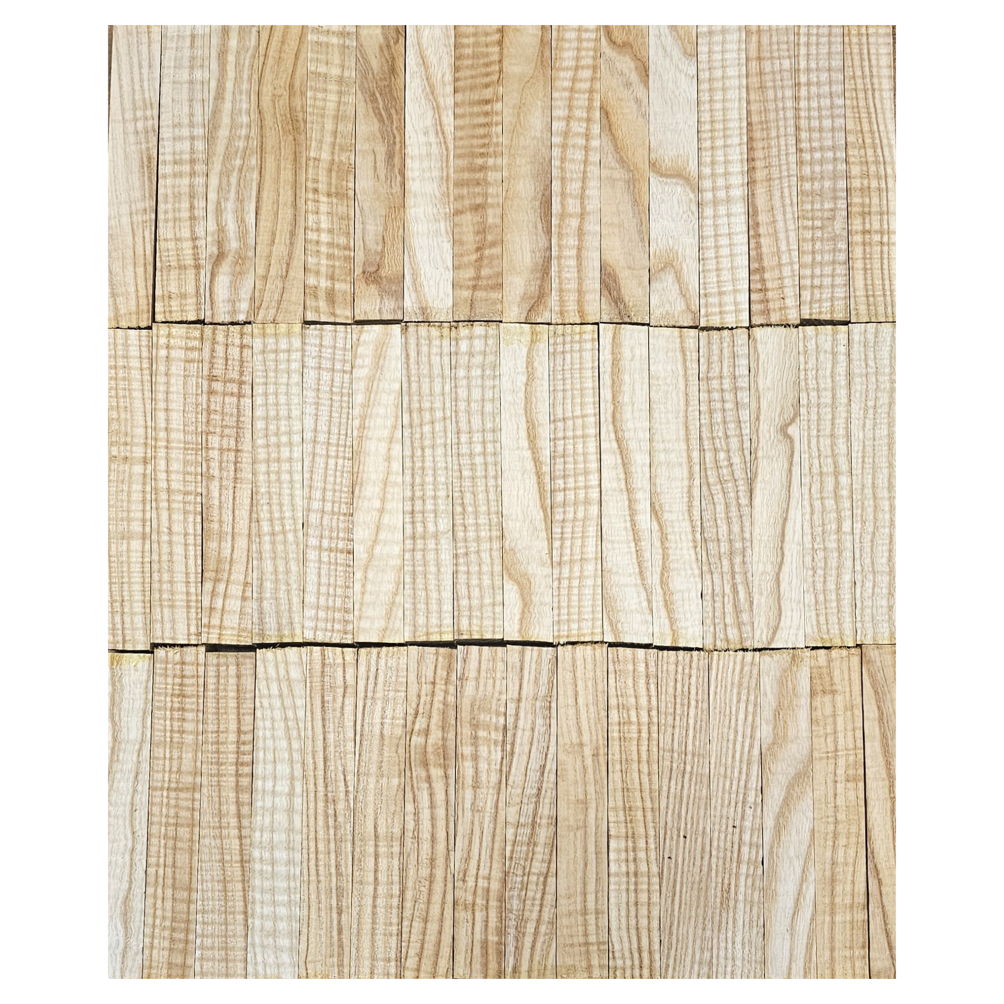 Grouping of wood pen blanks showing a range of color, figure and grain.