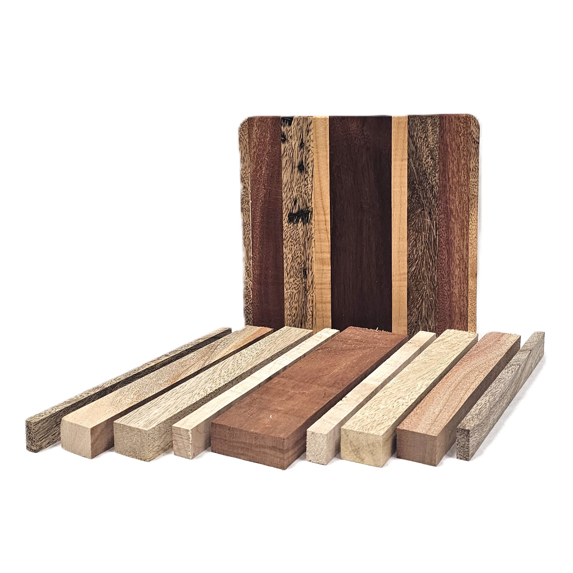 Set of wooden planks with various finishes on a white background