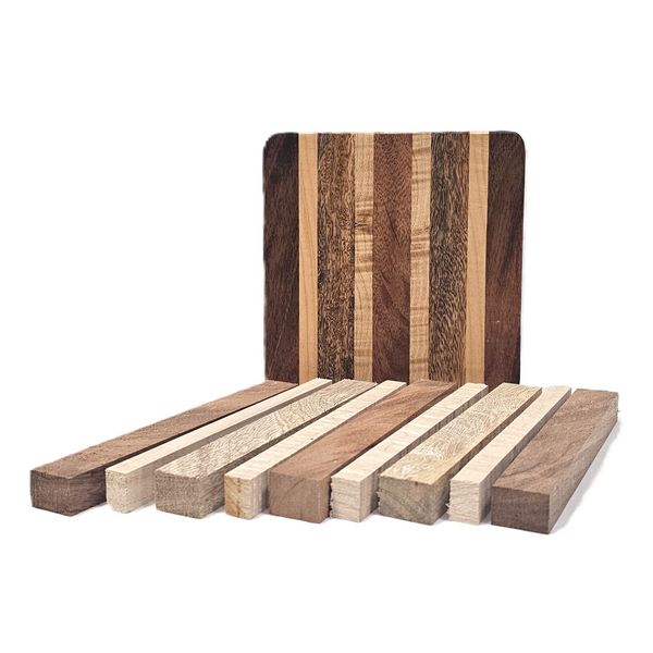 Set of wooden slabs with varying textures and colors on a white background
