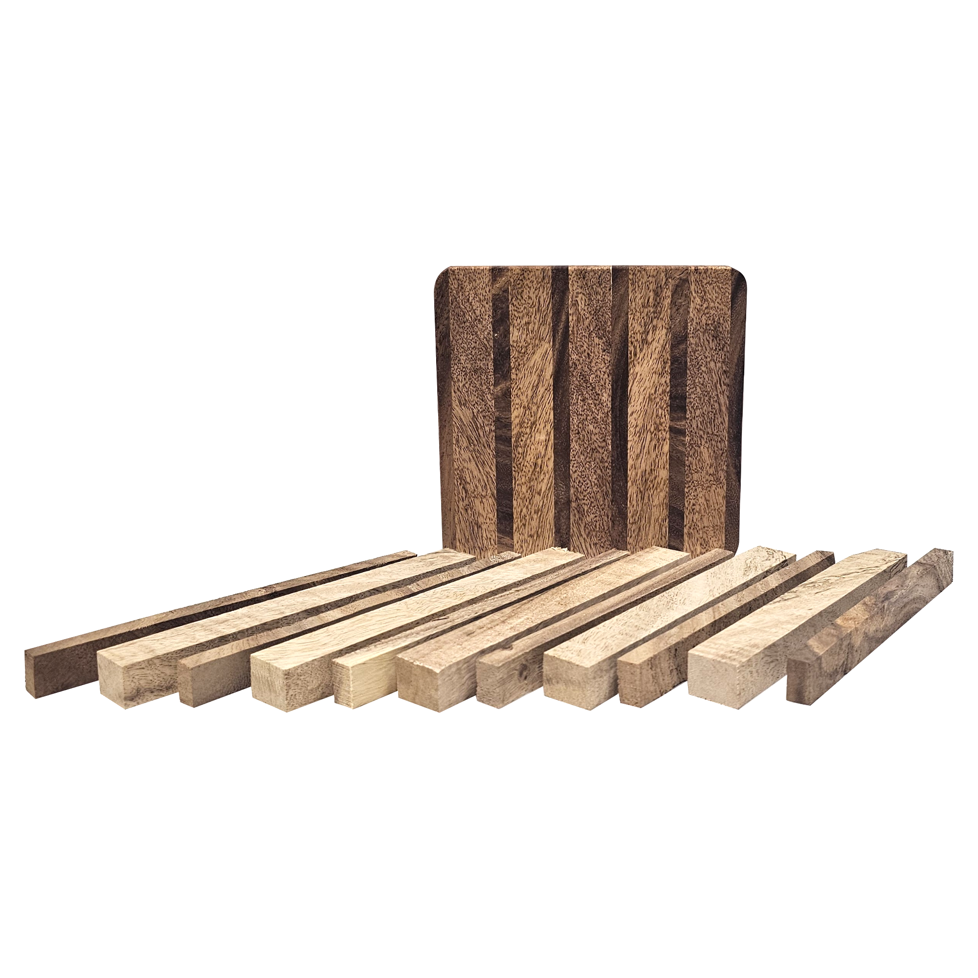 Set of wooden cutting boards and planks on a white background