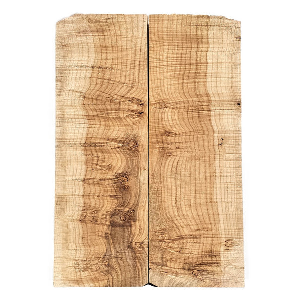 Two-piece maple burl book-matched set with lots of scattered burl and high curl between, wonderful two-tone color.