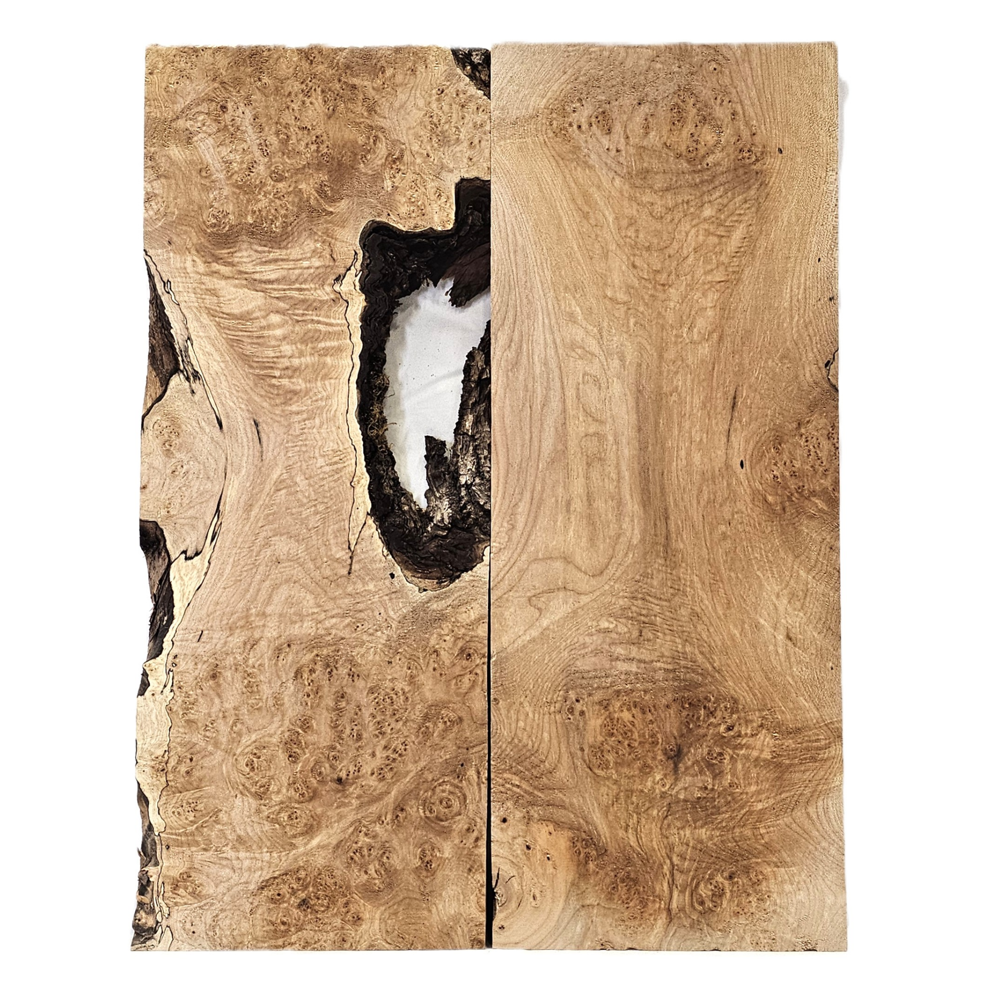 Beautiful maple burl bookmatched set with heavy burl eyes, interesting void, and light curl.
