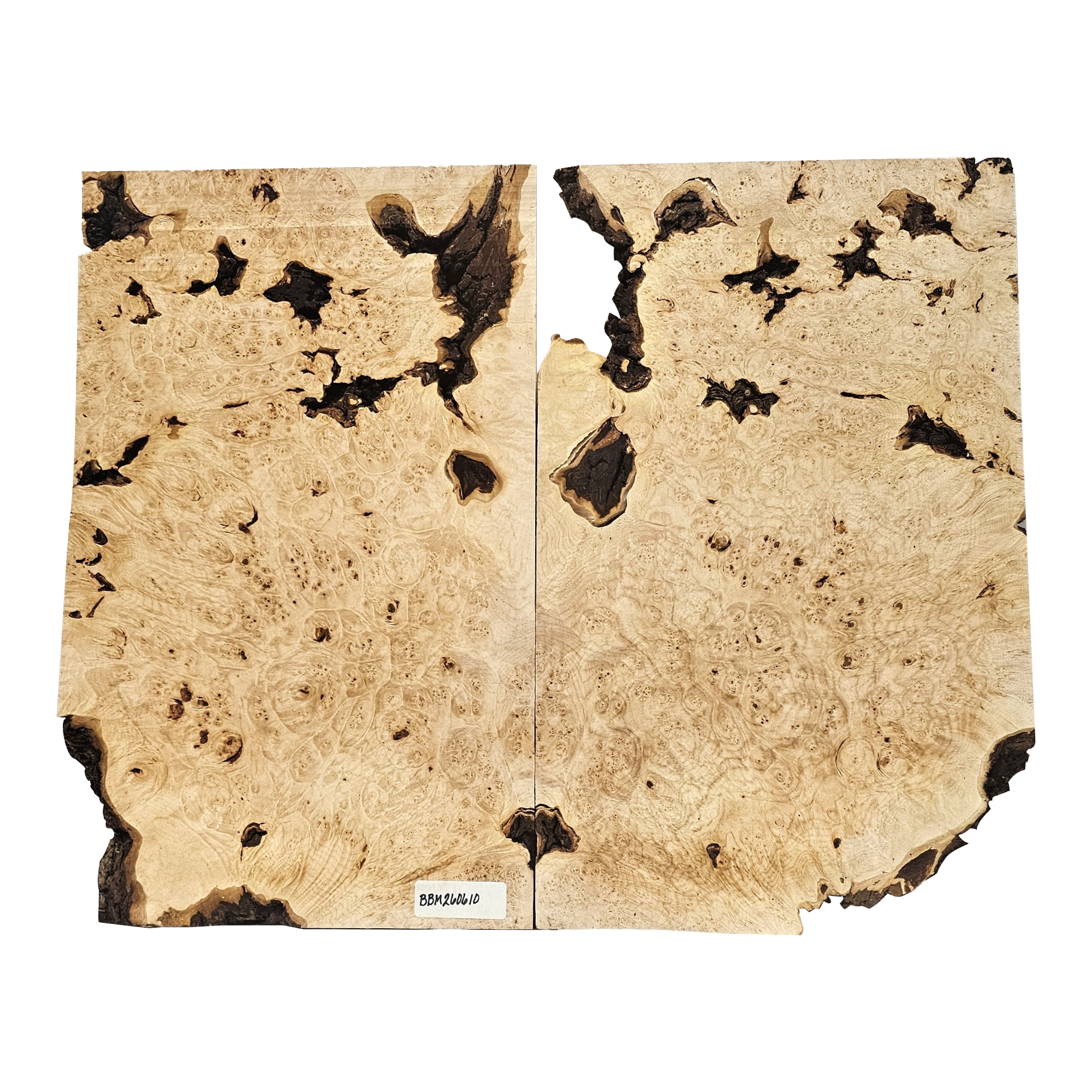2-piece book-matched set of maple burl with heavy burl eyes, beautiful color and interesting bark seams.