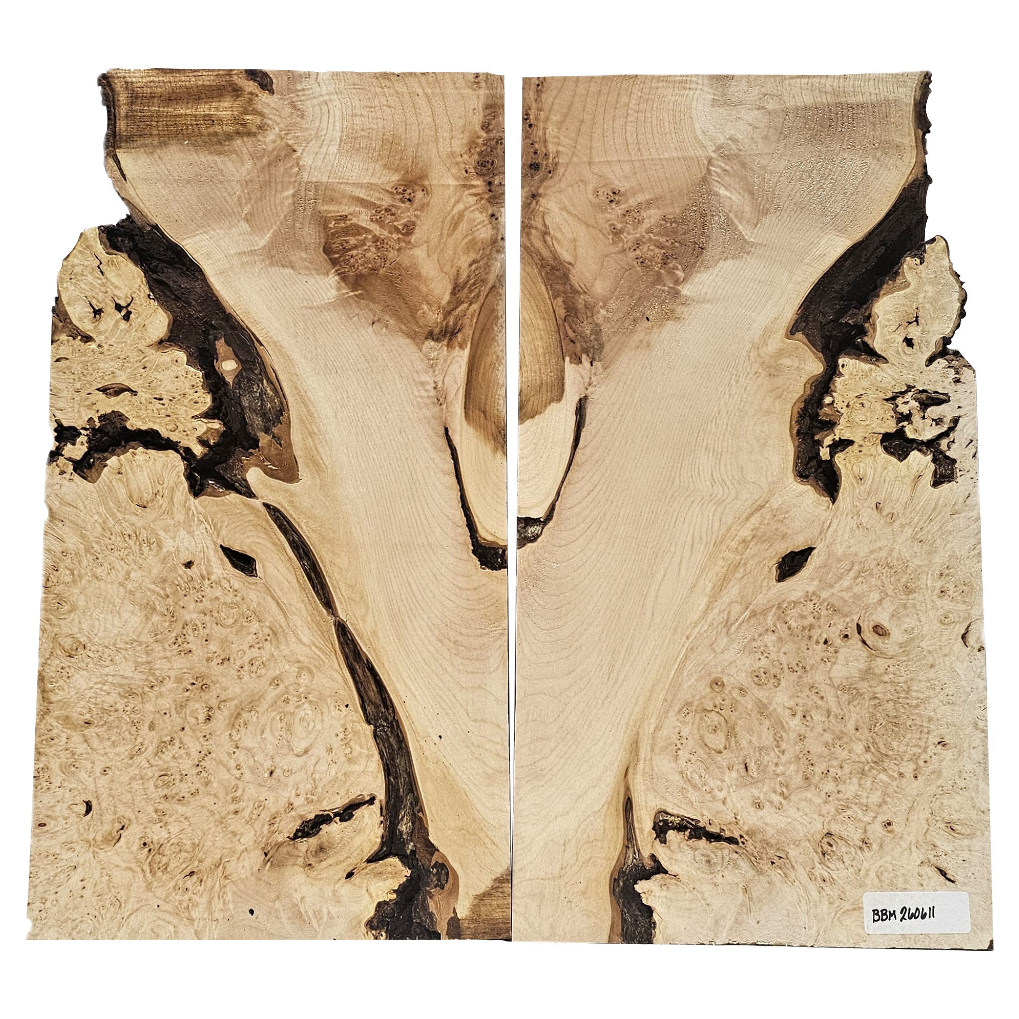 Amazingly unique 2-piece maple burl book-matched set with two-toned color, heavy burl and bark seams.