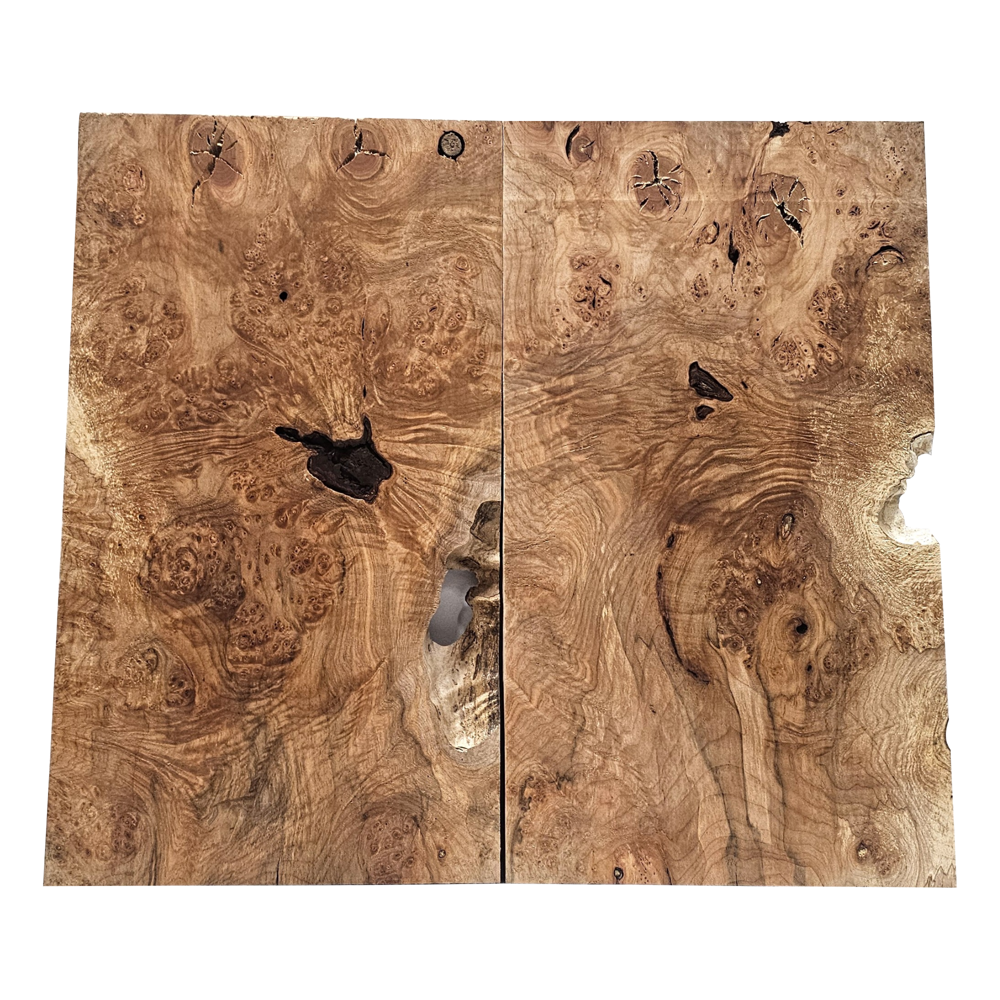 Beautiful 2-piece maple burl set with deep color, heavy burl and curl and interesting bark seams.